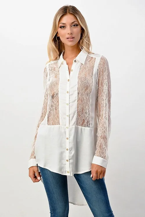 100% Silk Lace Panel Tunic Shirt Top