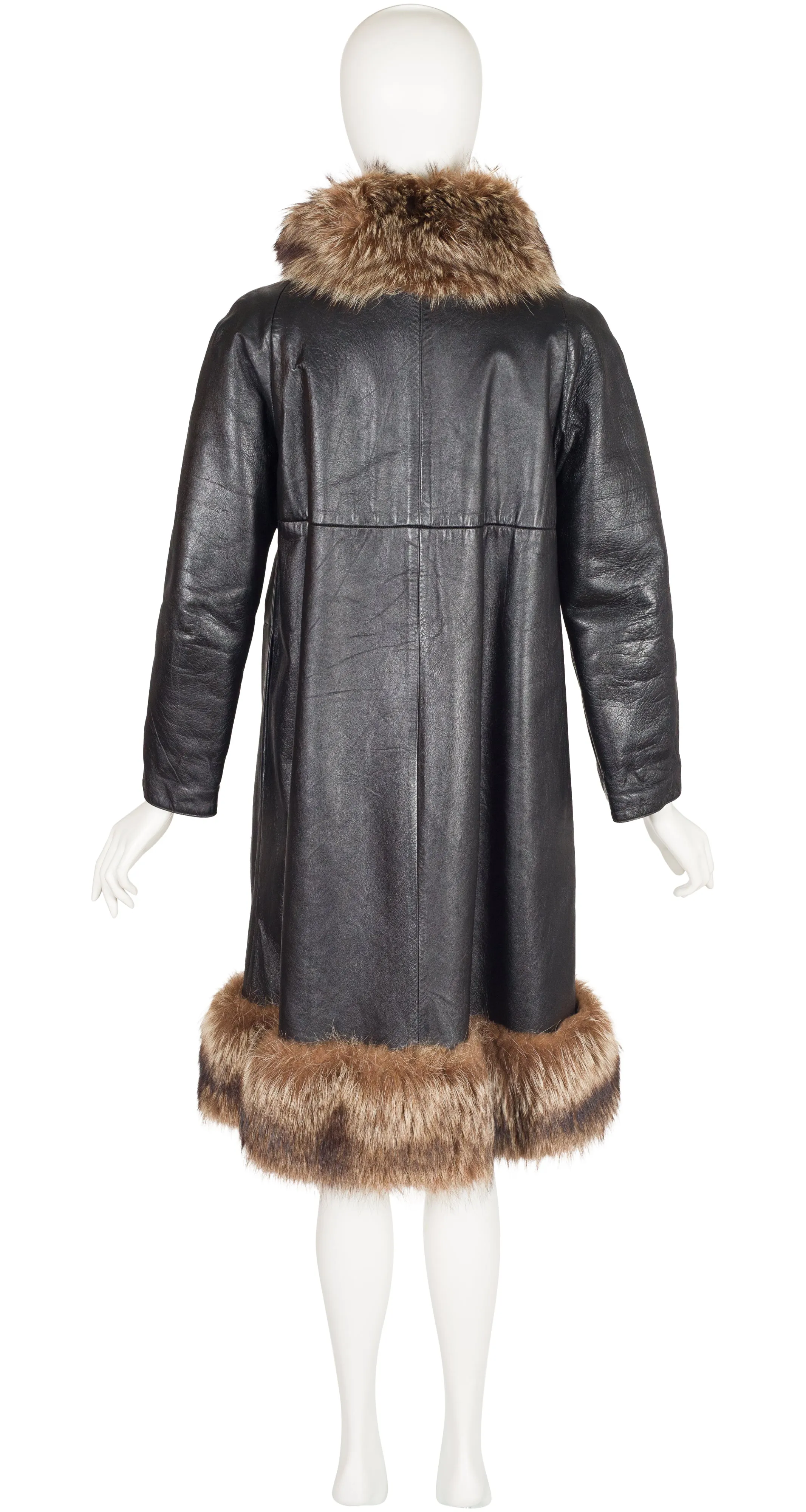 1970s Turnlock Black Leather Fur Trim A-Line Coat