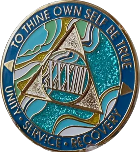 33 Year AA Medallion Elegant Caribbean Aqua Glitter Teal Marble Gold Sobriety Chip