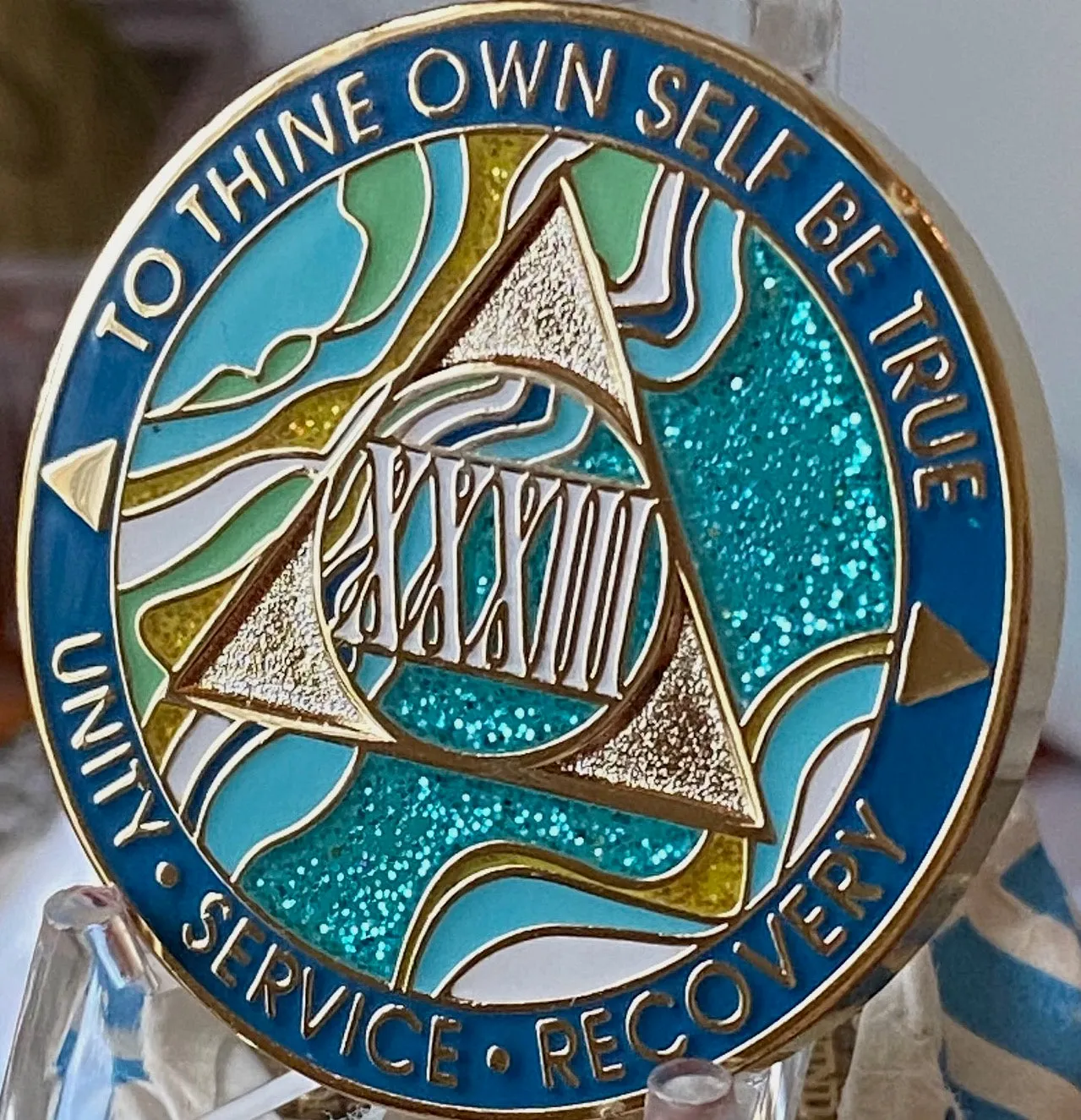 33 Year AA Medallion Elegant Caribbean Aqua Glitter Teal Marble Gold Sobriety Chip