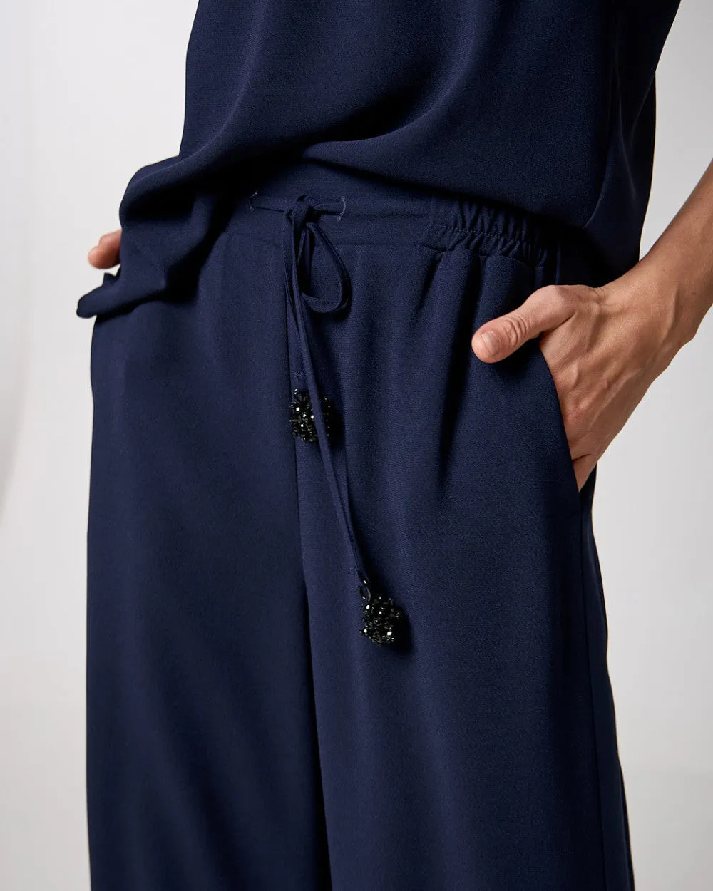 Access Fashion Navy Wide Leg Pants With Decorative Detail