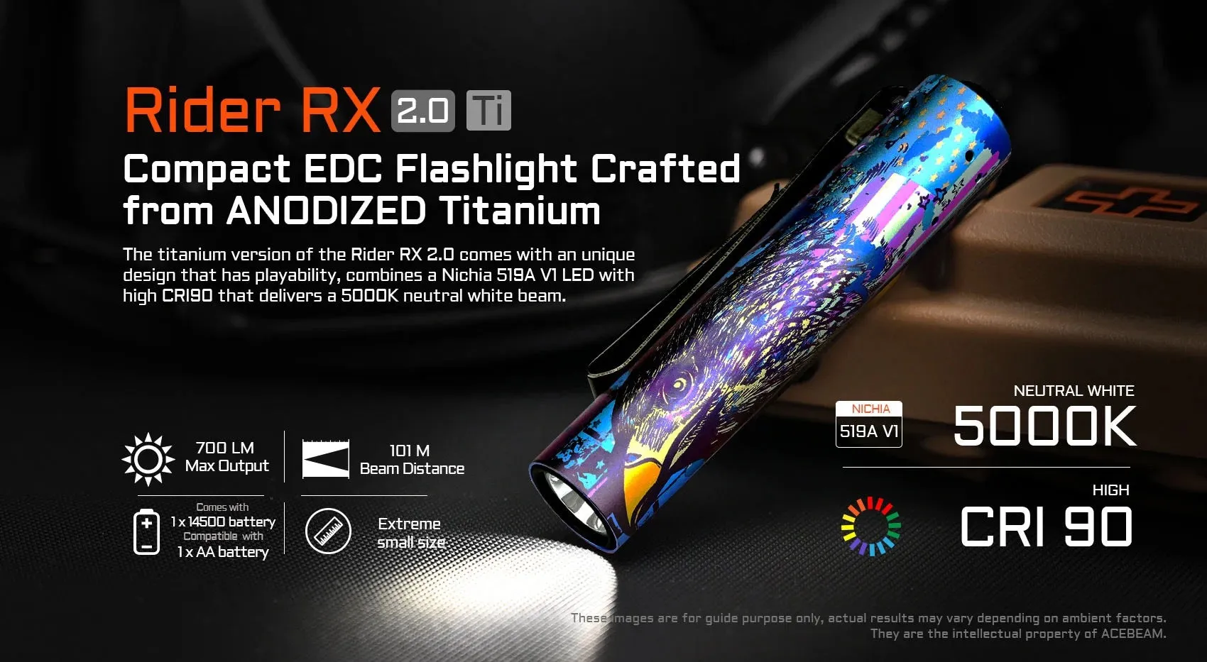 Acebeam Rider RX 2.0 Anodized Titanium Limited Edition Fireworks 700 Lumen Flashlight