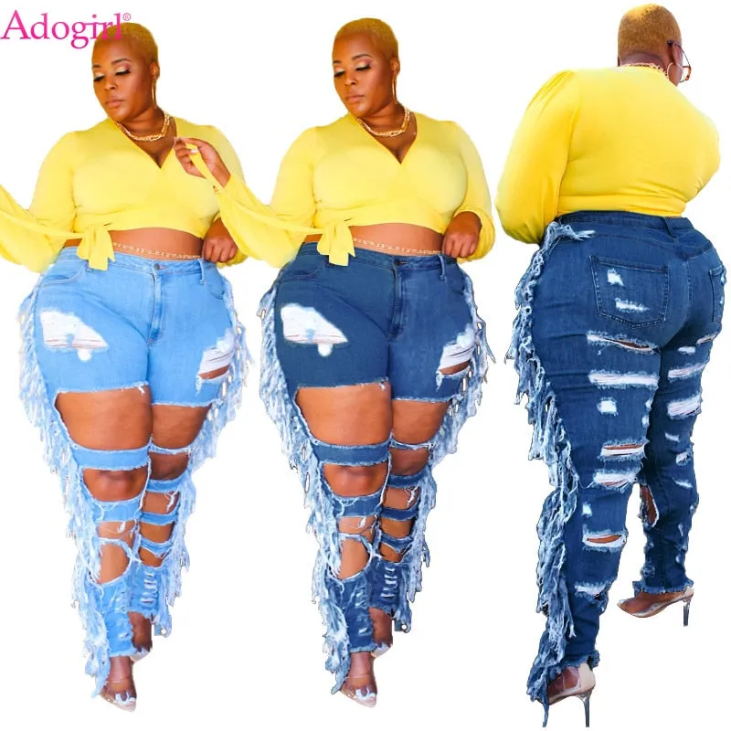 Adogirl Side Tassel Holes Jeans Pencil Pants Women Sexy Distressed Hollow Out Tight Denim Trousers Fashion Streetwear