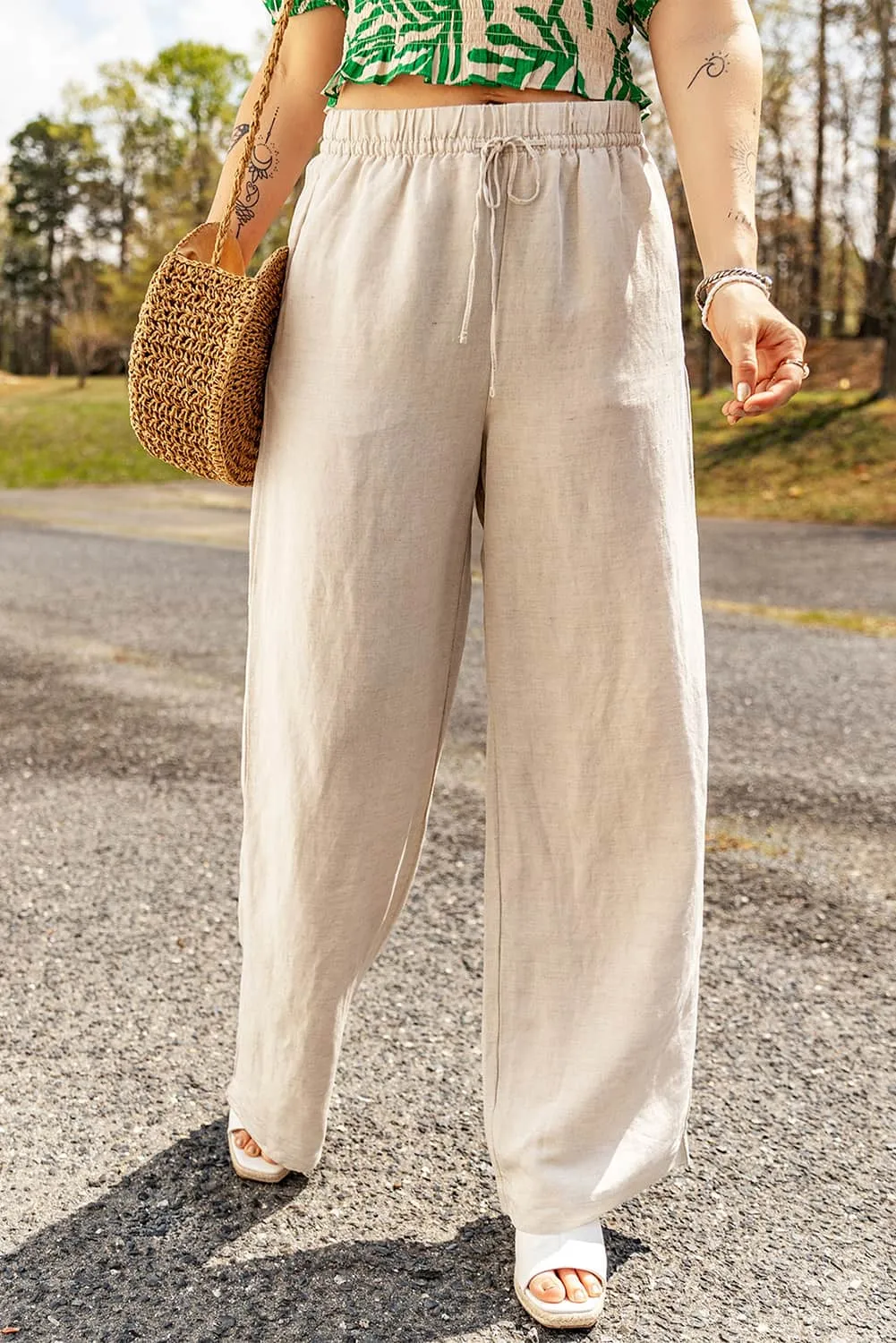 Apricot Linen Elastic Waist Drawstring Loose Fit Trousers