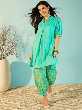 Aquamarine Patterned Cotton Co-Ord Set For Women