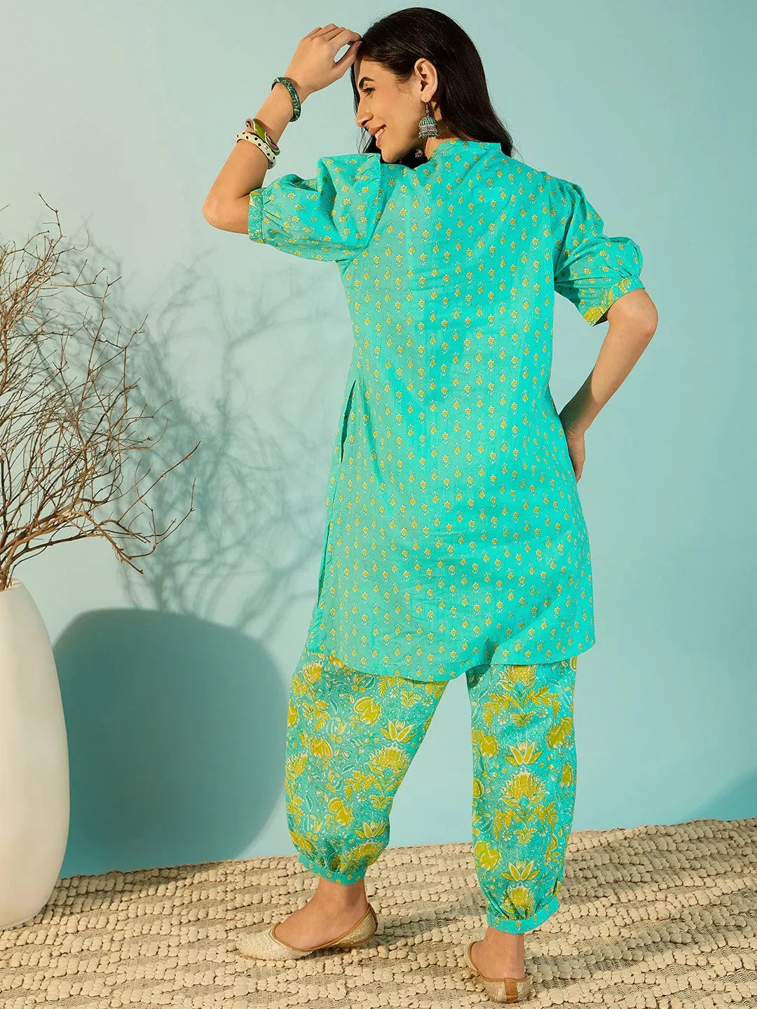 Aquamarine Patterned Cotton Co-Ord Set For Women