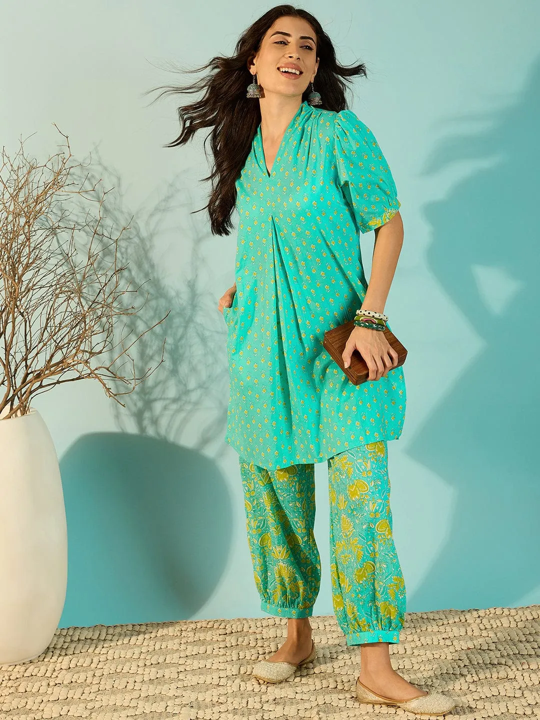 Aquamarine Patterned Cotton Co-Ord Set For Women