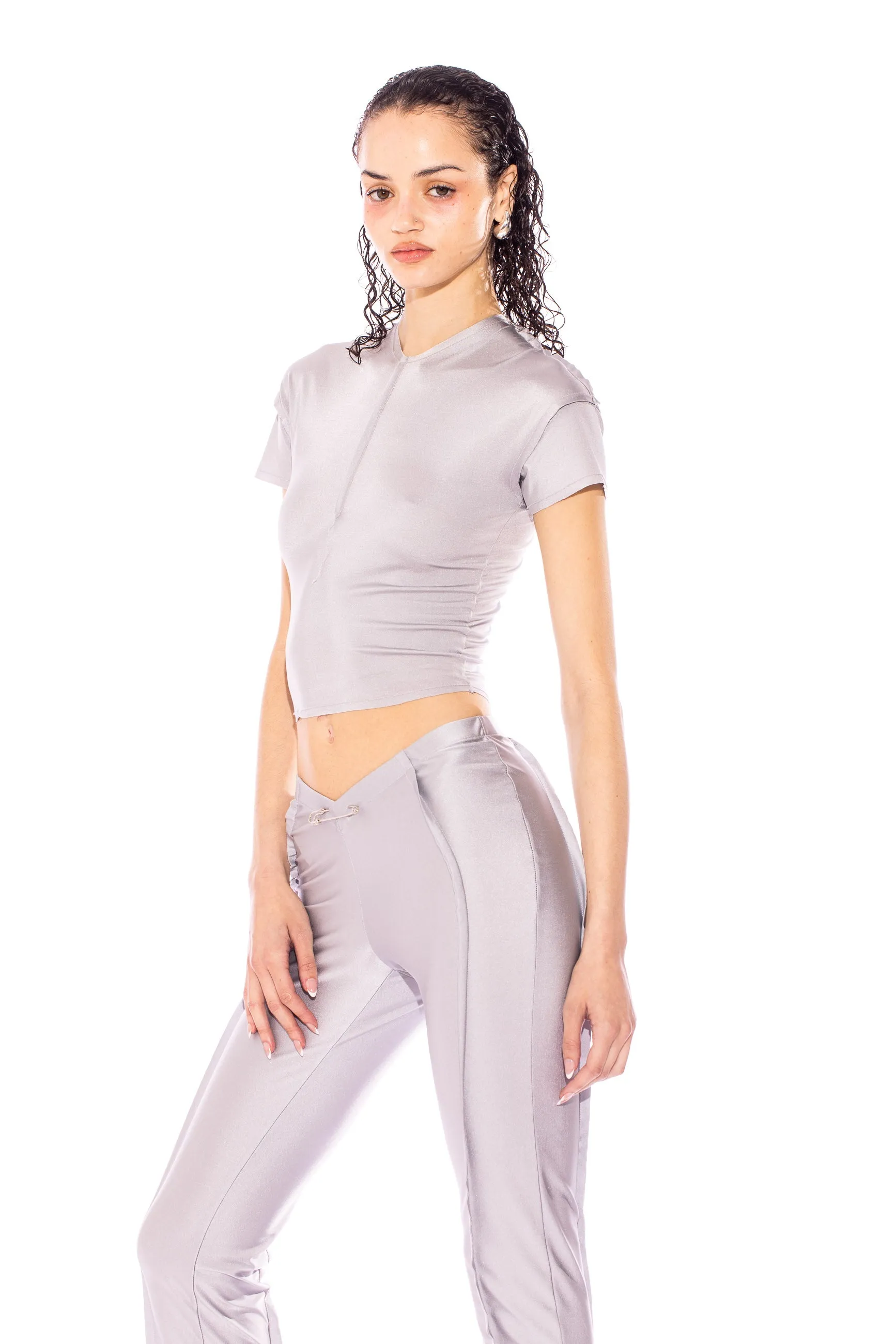 ASYMMETRIC PANTS IN SILVER STRETCH