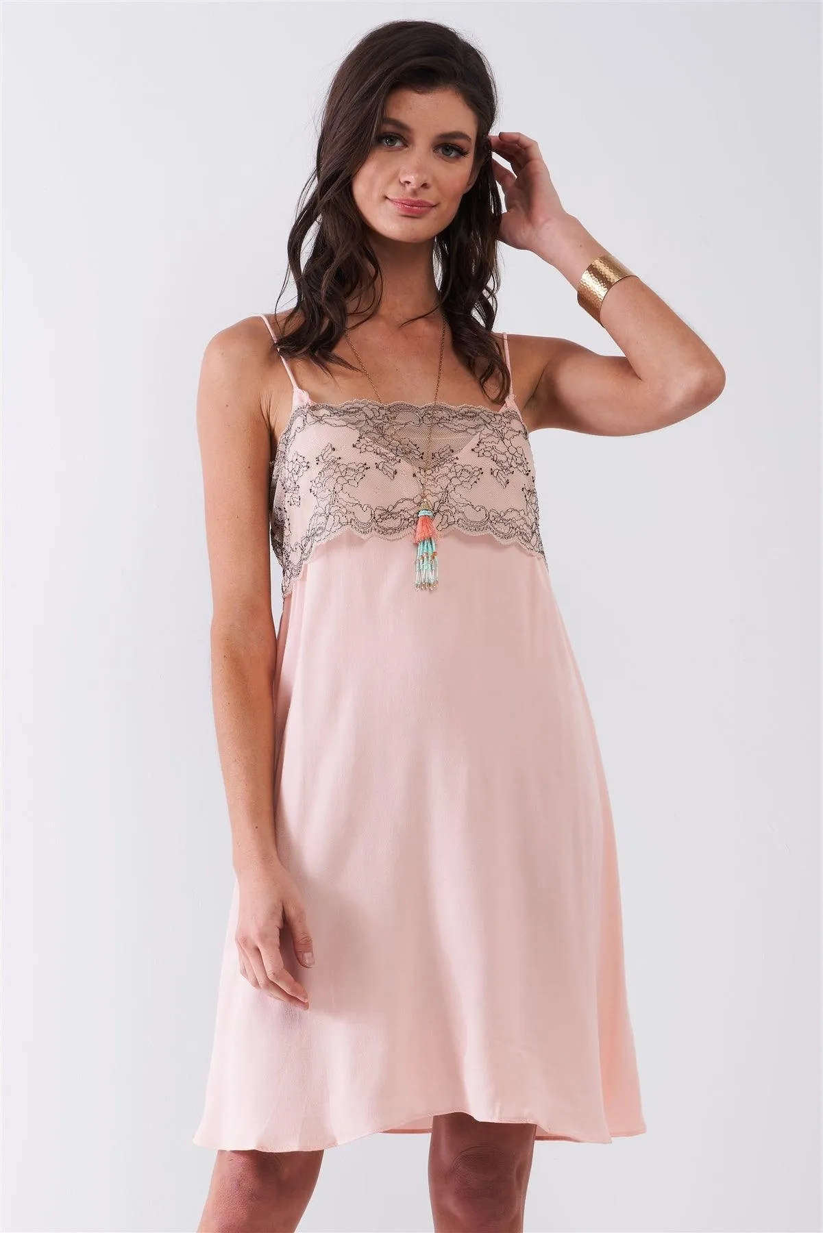 Baby Pink Sleeveless V-Neck Floral Lace Mesh Mini Dress