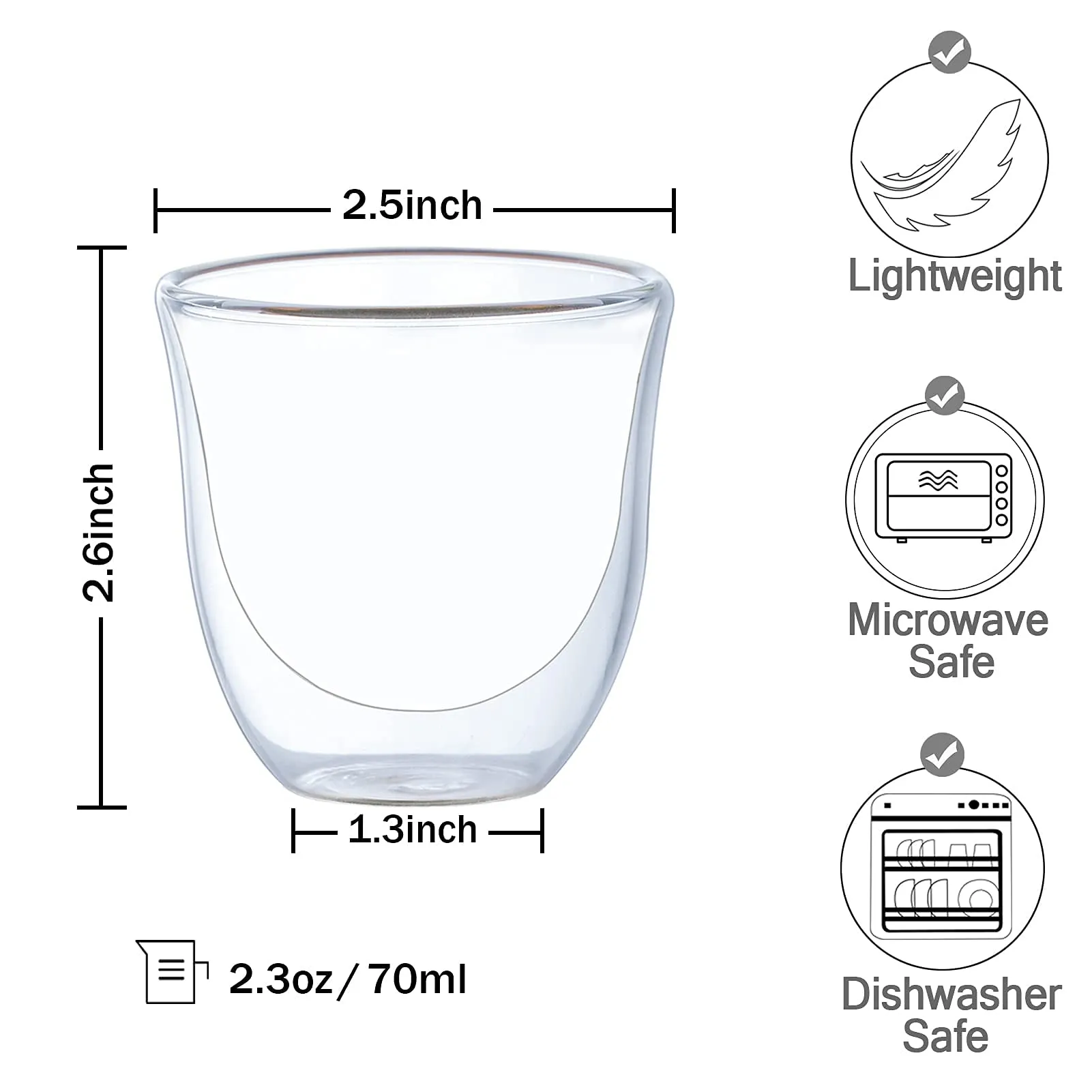 Baskety Double Walled Espresso Glasses, Set of Insulated Espresso Shot Glass Durable Easy to clean Demitasse Cups 70ml Clear Coffee Glass Cappuccino Cups Tea Cups Glasses(Pack of 2)