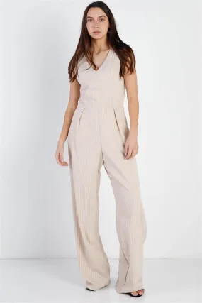 Beige & White Stripe Twisted Back Detail Sleeveless Jumpsuit /1-2-1