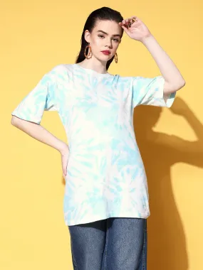 Berrylush Women White & Blue Tie-Dye Printed Round Neck Drop-Shoulder Cotton Longline T-Shirt