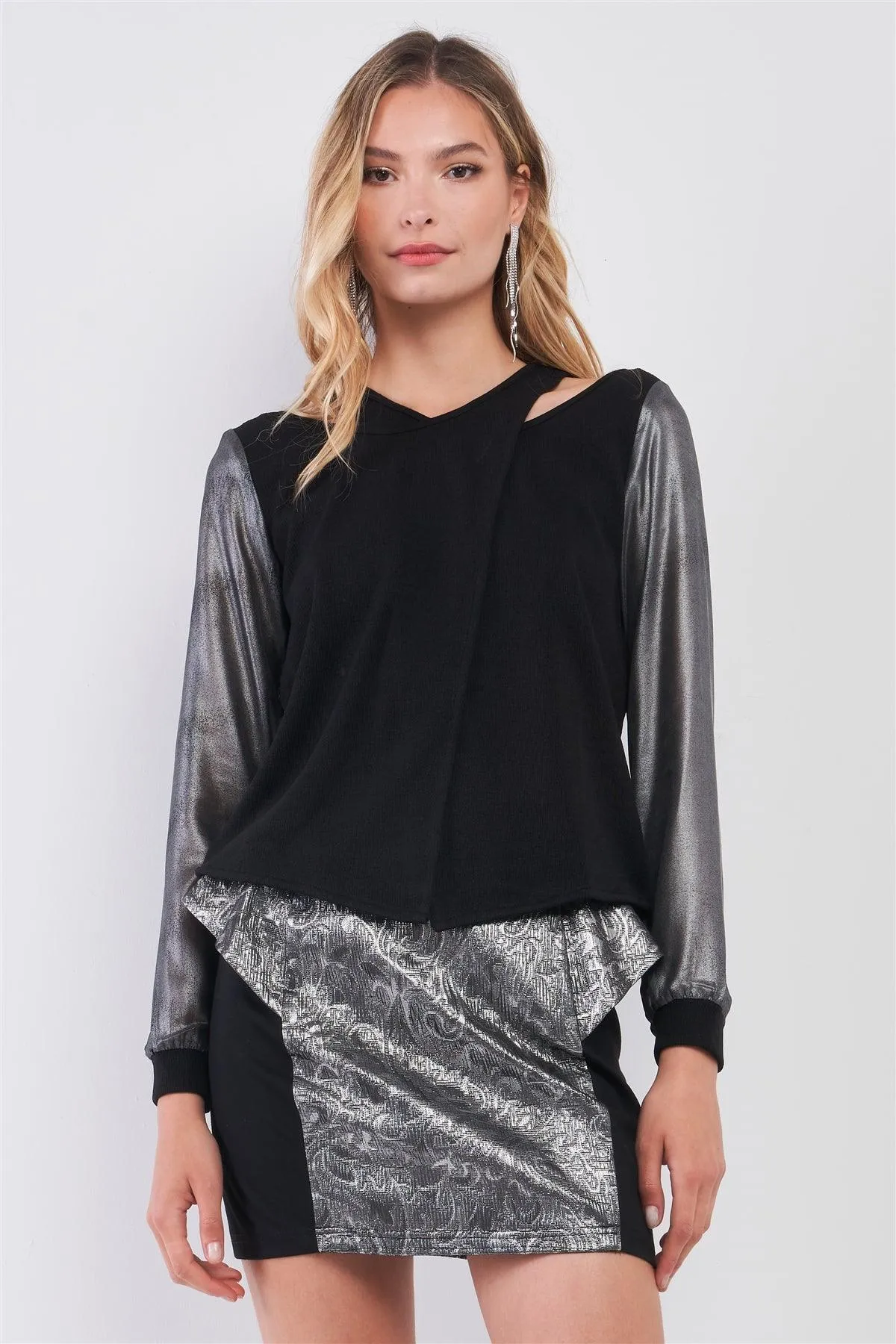 Black & Silver Combined Long Sleeve Asymmetrical Wrap Sweater Top /1-2-1