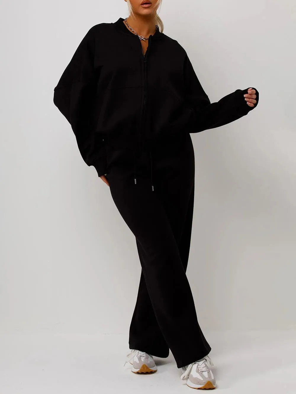 Black Bomber Style Jacket & Wide Leg Bottoms Co-ord Loungewear Set