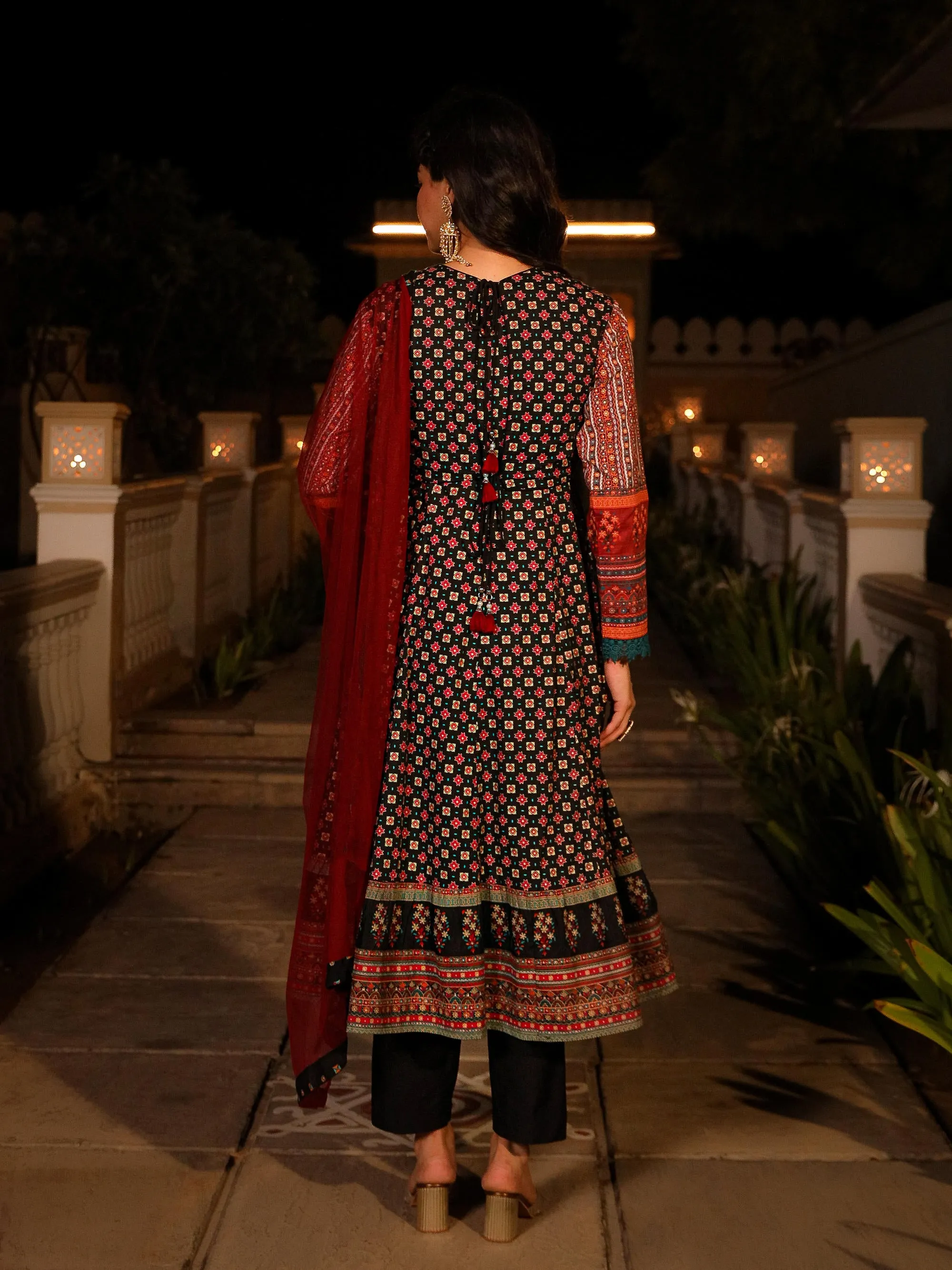 Black Ethnic Motif Printed Rayon A-lined Kurta Palazzo And Dupatta With Mirror & Thread Work