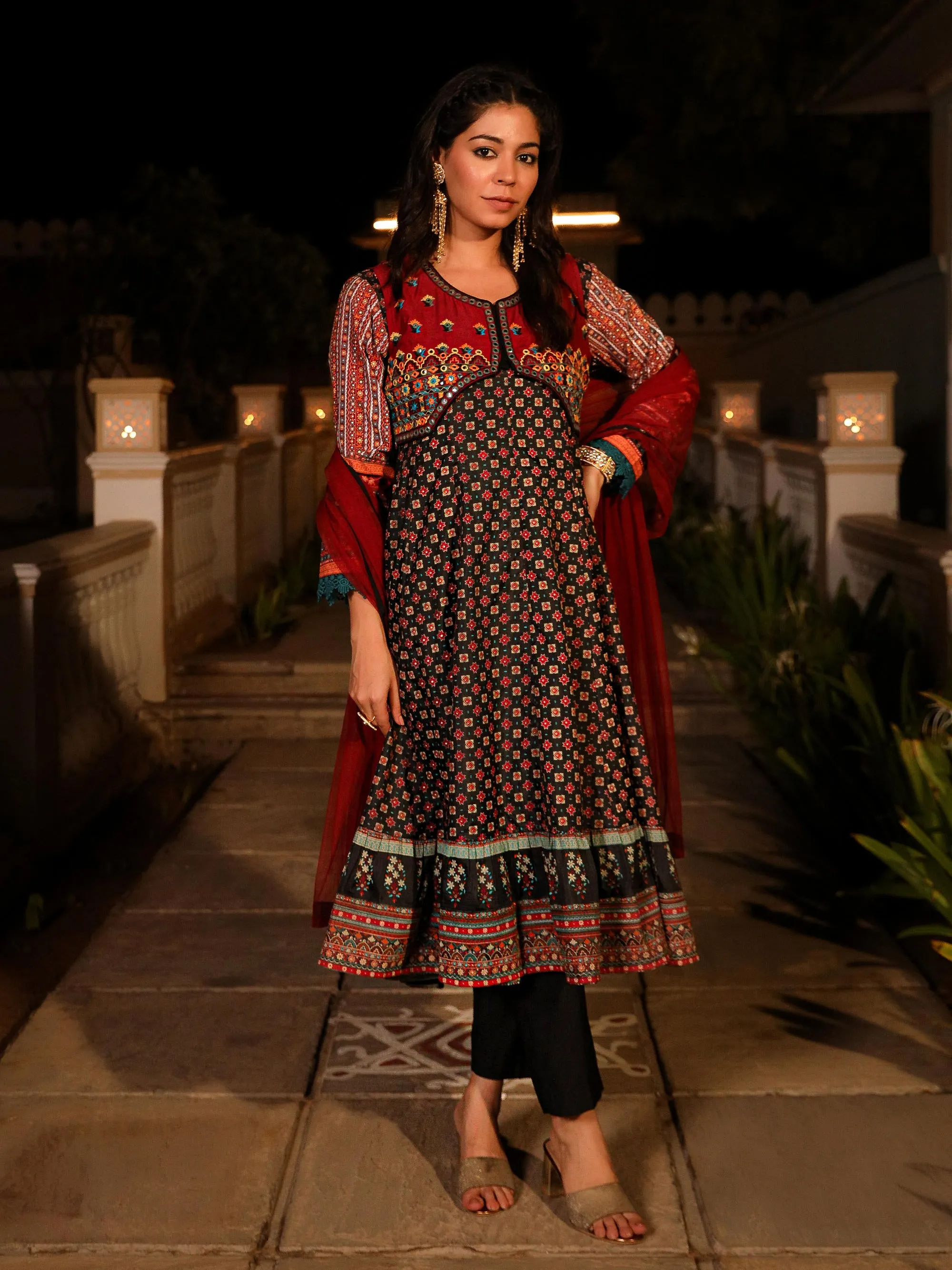 Black Ethnic Motif Printed Rayon A-lined Kurta Palazzo And Dupatta With Mirror & Thread Work