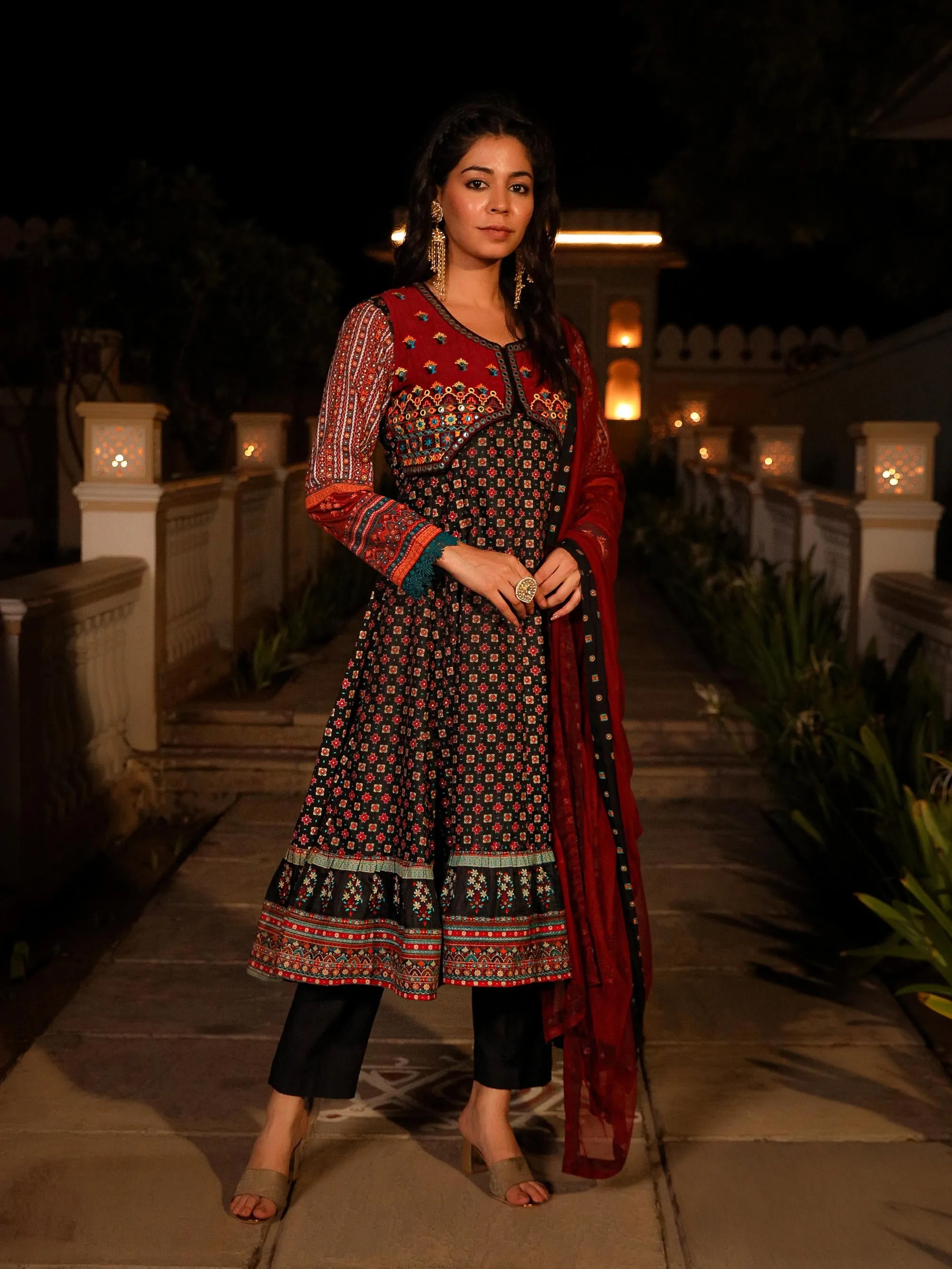 Black Ethnic Motif Printed Rayon A-lined Kurta Palazzo And Dupatta With Mirror & Thread Work