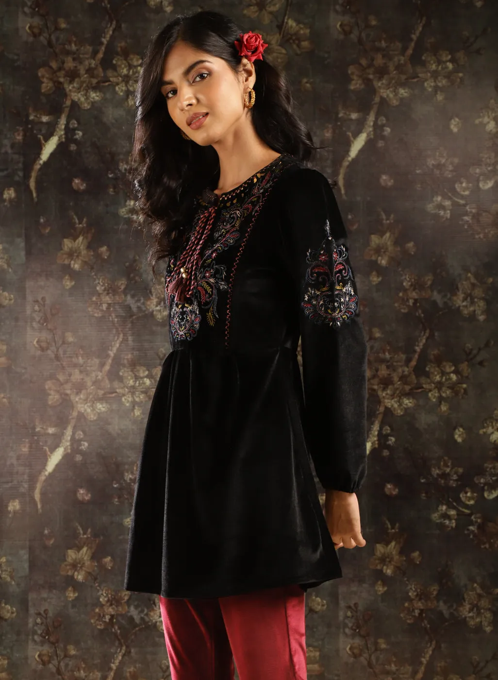 Black Velvet Tunic with Threadwork and Tassels