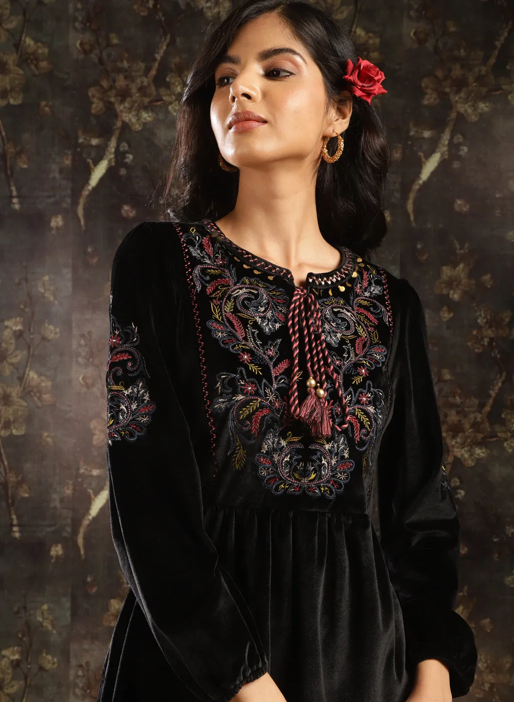 Black Velvet Tunic with Threadwork and Tassels