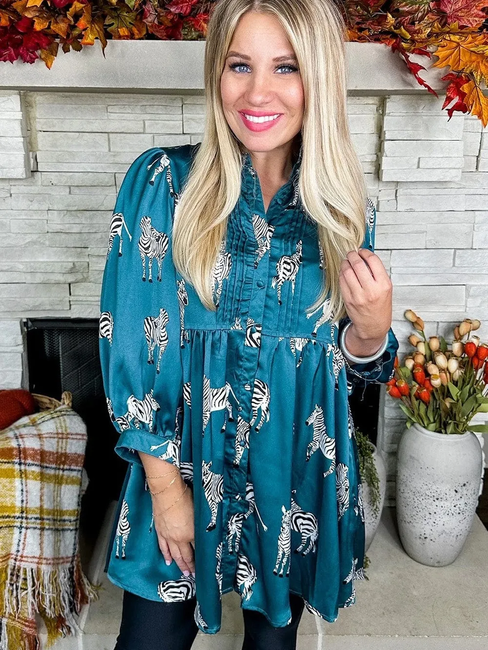 Blue Animal Print Pleated Tunic Shirt Dress