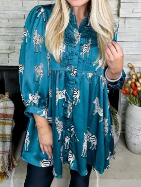 Blue Animal Print Pleated Tunic Shirt Dress