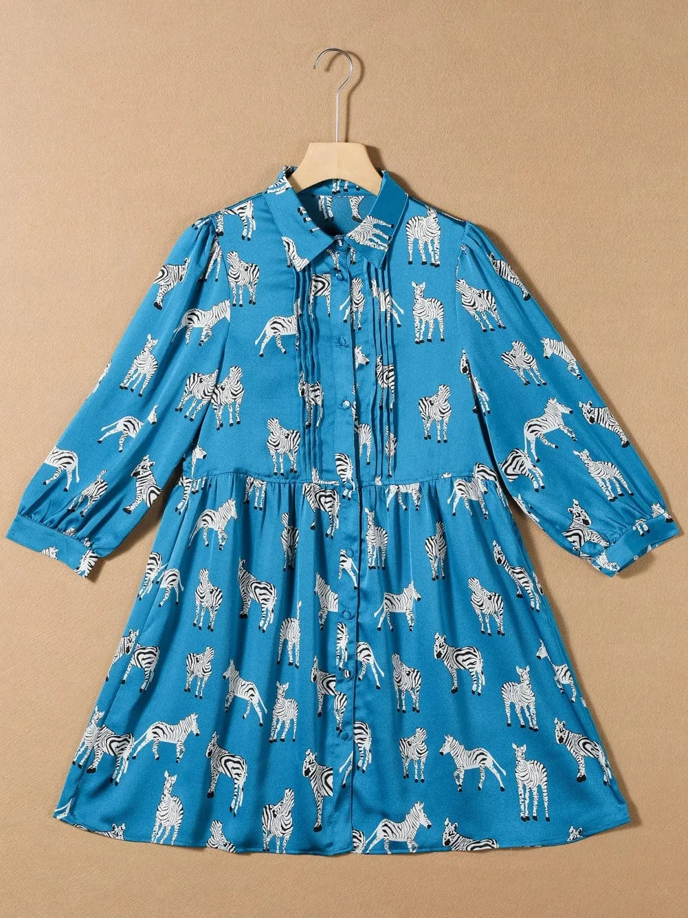 Blue Animal Print Pleated Tunic Shirt Dress