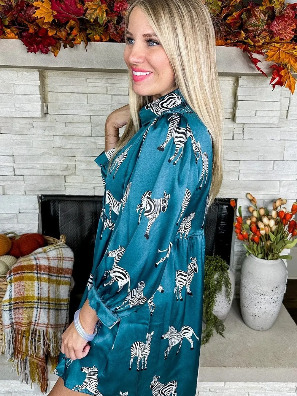 Blue Animal Print Pleated Tunic Shirt Dress