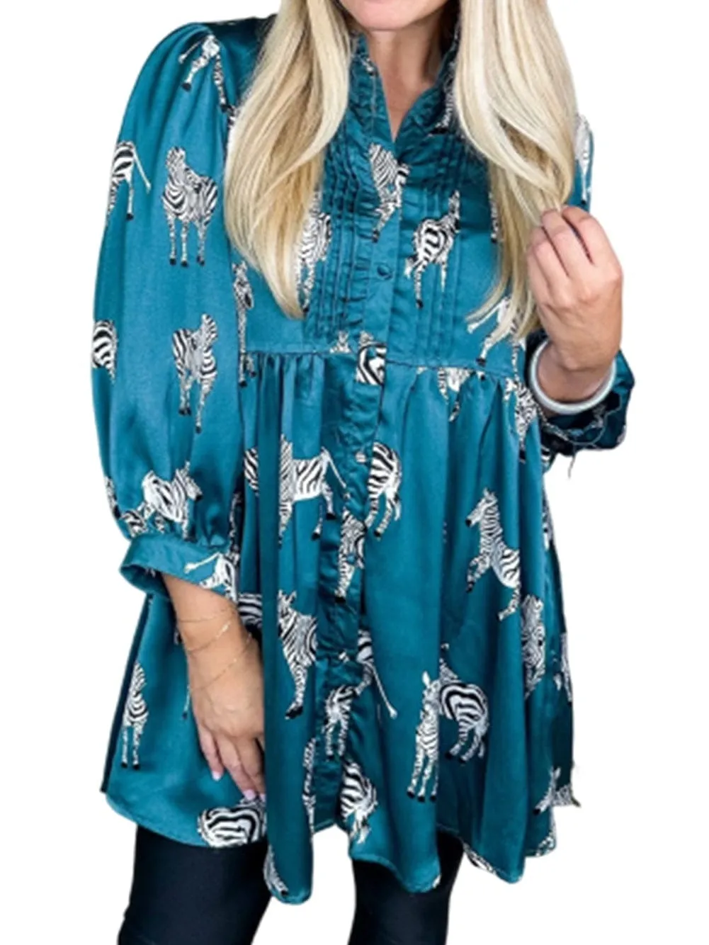 Blue Animal Print Pleated Tunic Shirt Dress