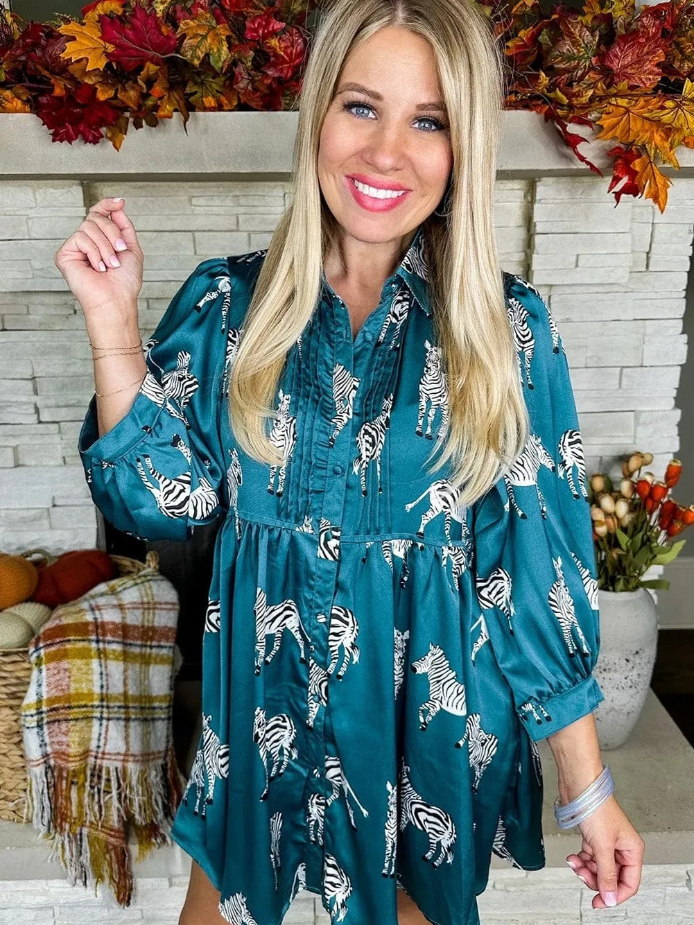 Blue Animal Print Pleated Tunic Shirt Dress