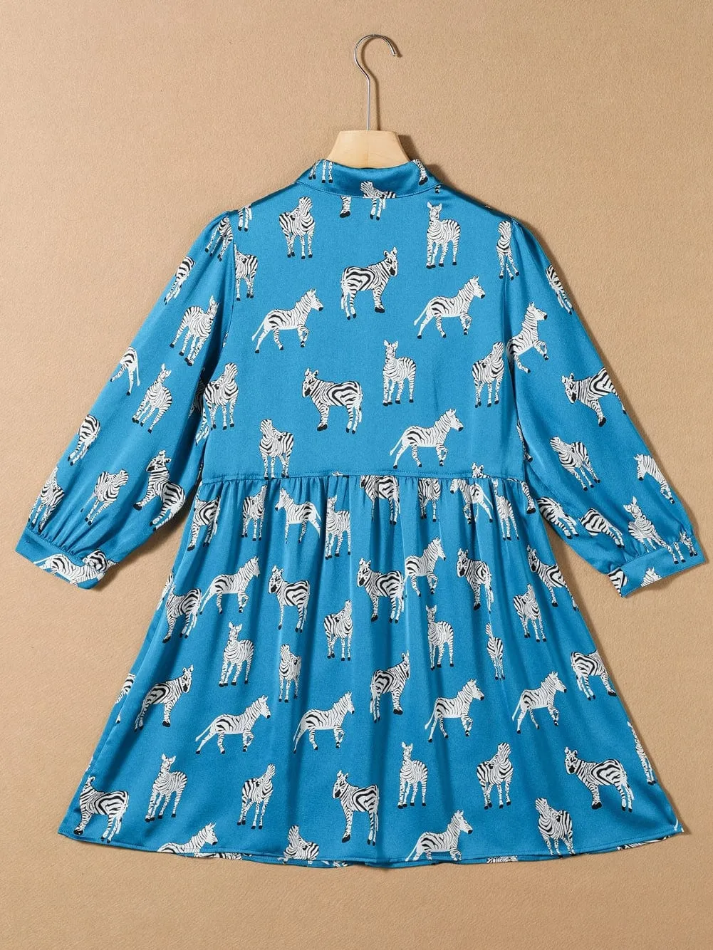 Blue Animal Print Pleated Tunic Shirt Dress