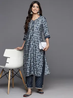 Blue Printed Silk Blend Straight Kurta With Palazzos