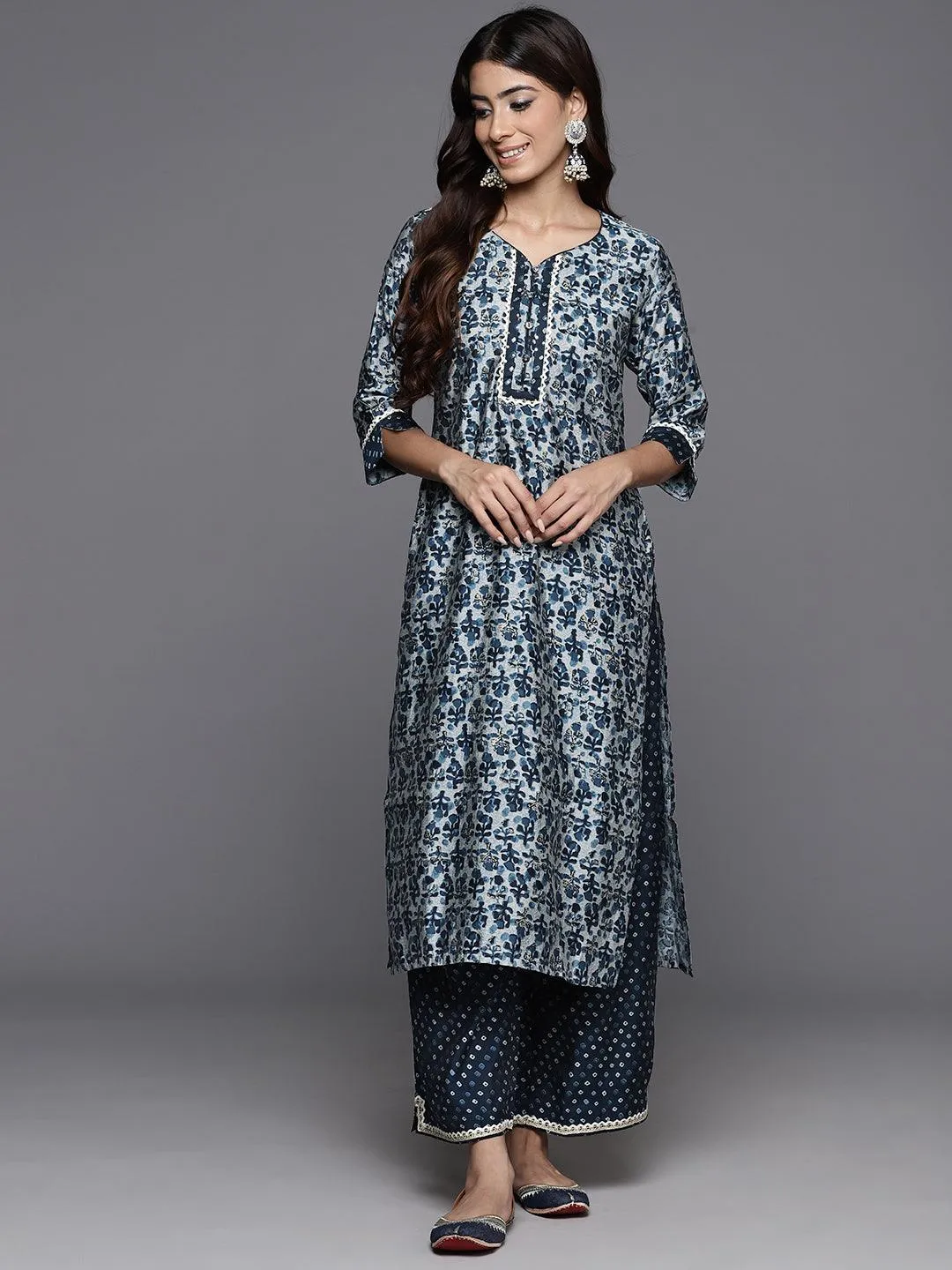 Blue Printed Silk Blend Straight Kurta With Palazzos