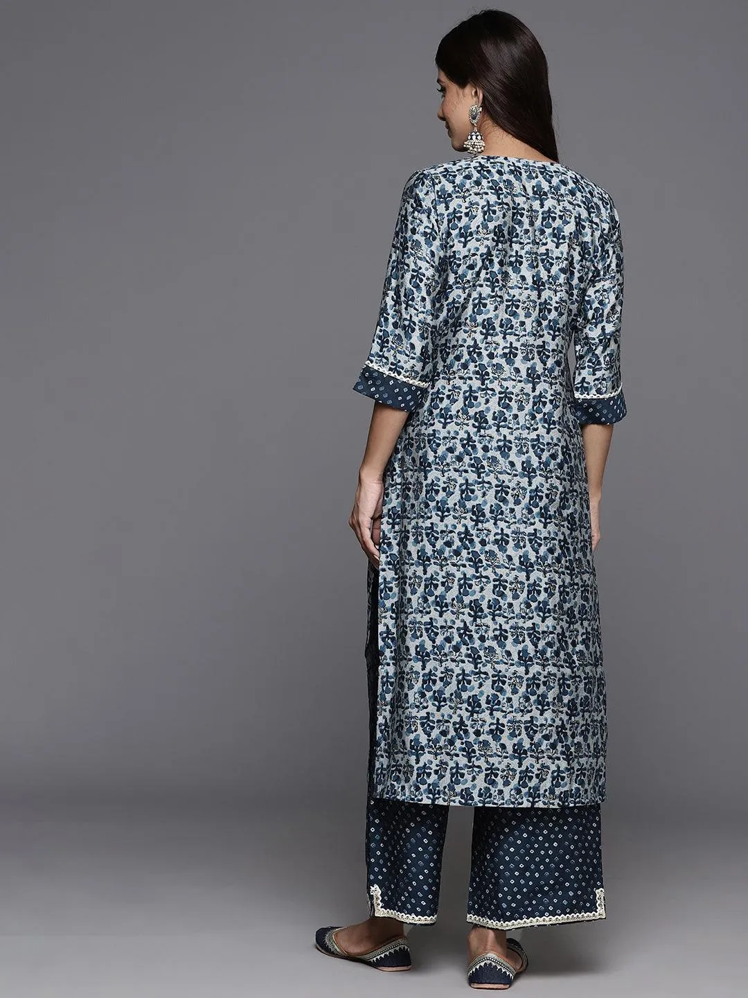 Blue Printed Silk Blend Straight Kurta With Palazzos