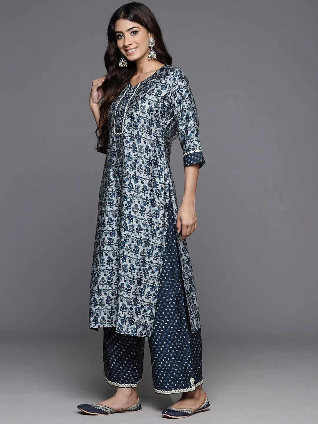 Blue Printed Silk Blend Straight Kurta With Palazzos