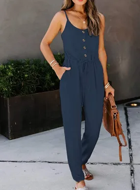 Blue Women's Casual Sleeveless Front Button Loose Jumpsuits Stretchy Long Pants Romper with Pockets - Happy Sailed