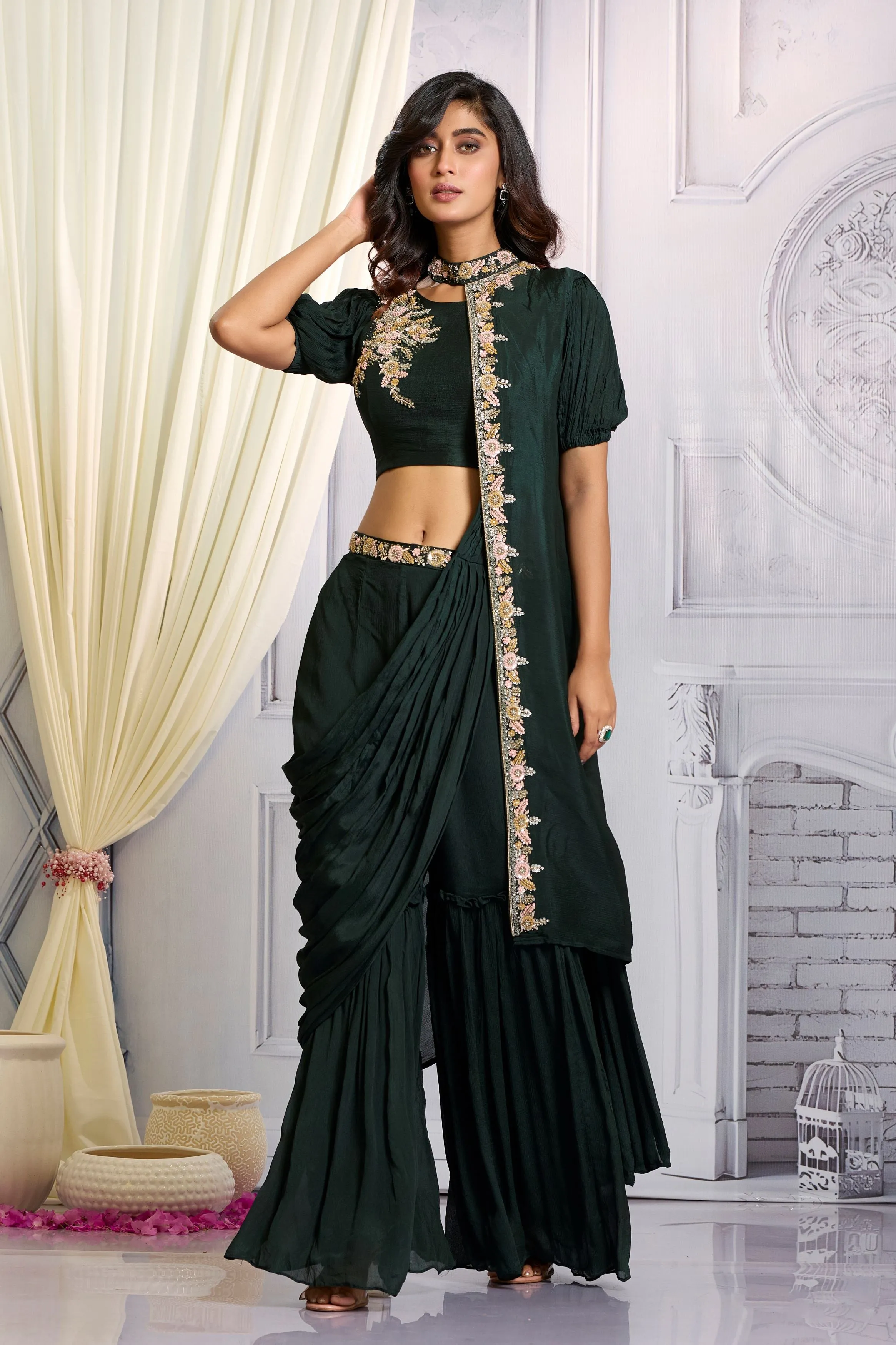 Bottle Green Embellished Chinon Silk Drape Crop Top Sharara Set