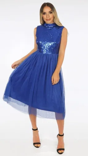 BRONWYN SEQUIN TULLE MIDI DRESS - BLUE