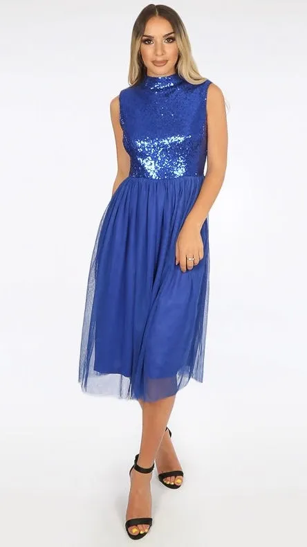 BRONWYN SEQUIN TULLE MIDI DRESS - BLUE