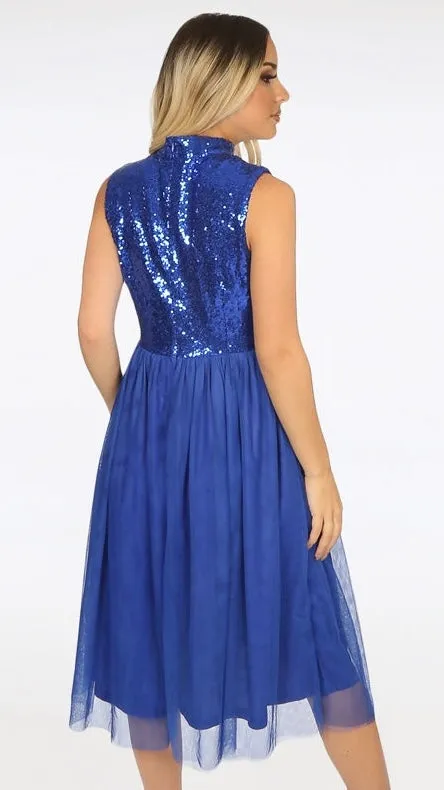 BRONWYN SEQUIN TULLE MIDI DRESS - BLUE