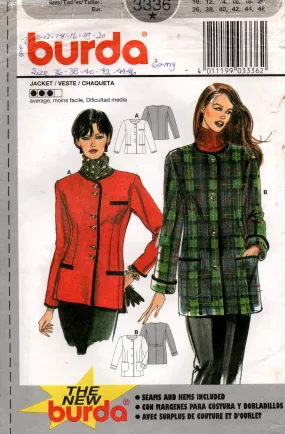 Burda 3336 Womens Fitted Collarless Jacket with Contrast Trim 1990s Vintage Sewing Pattern Sizes 10 - 20 UNCUT Factory Folded