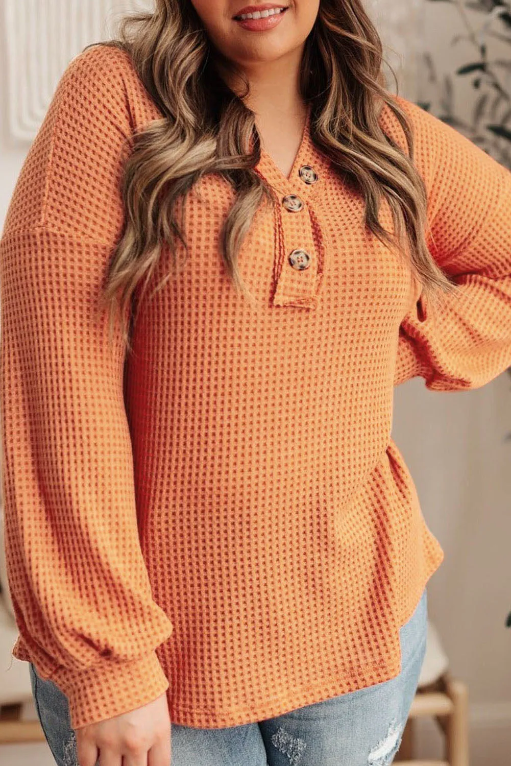 Buttoned V Neck Waffle Knit Plus Size Top