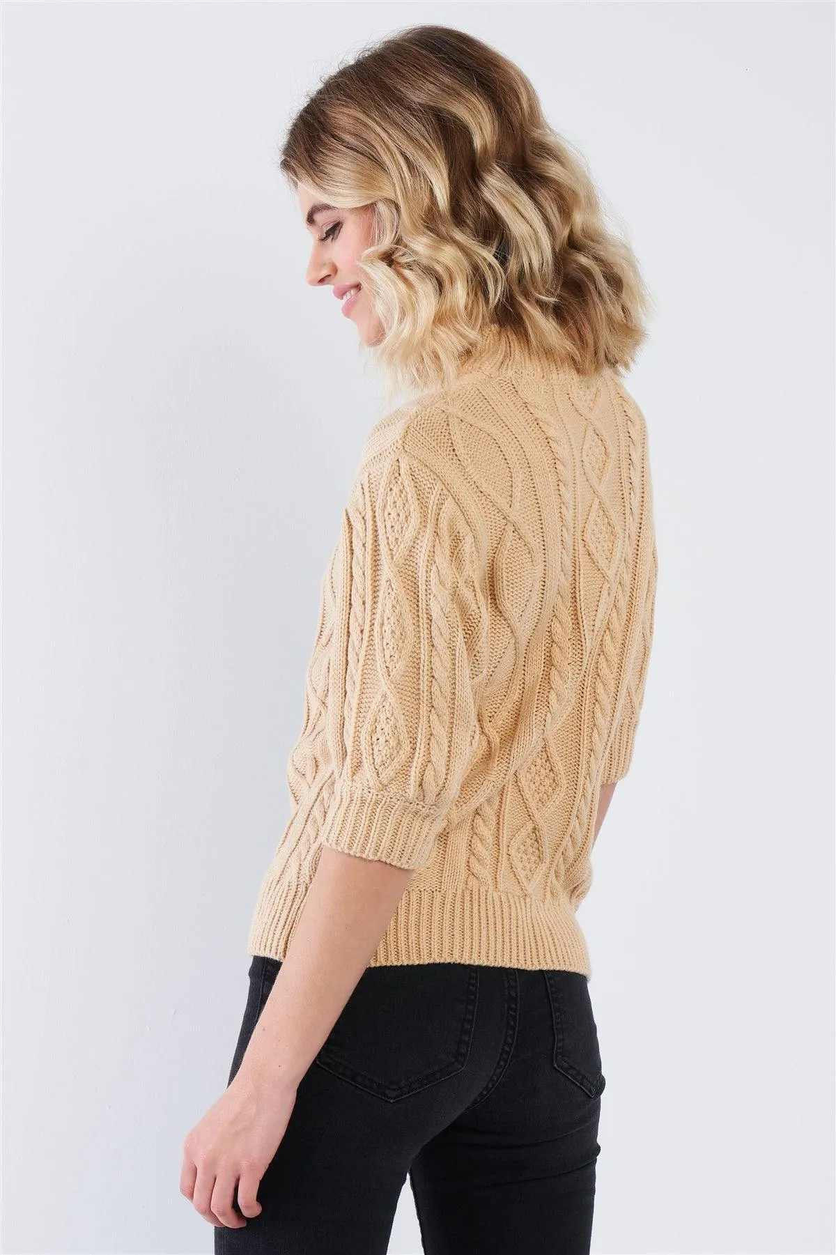 Cable Knit Casual 3/4 Sleeve Mock Neck Chic Sweater