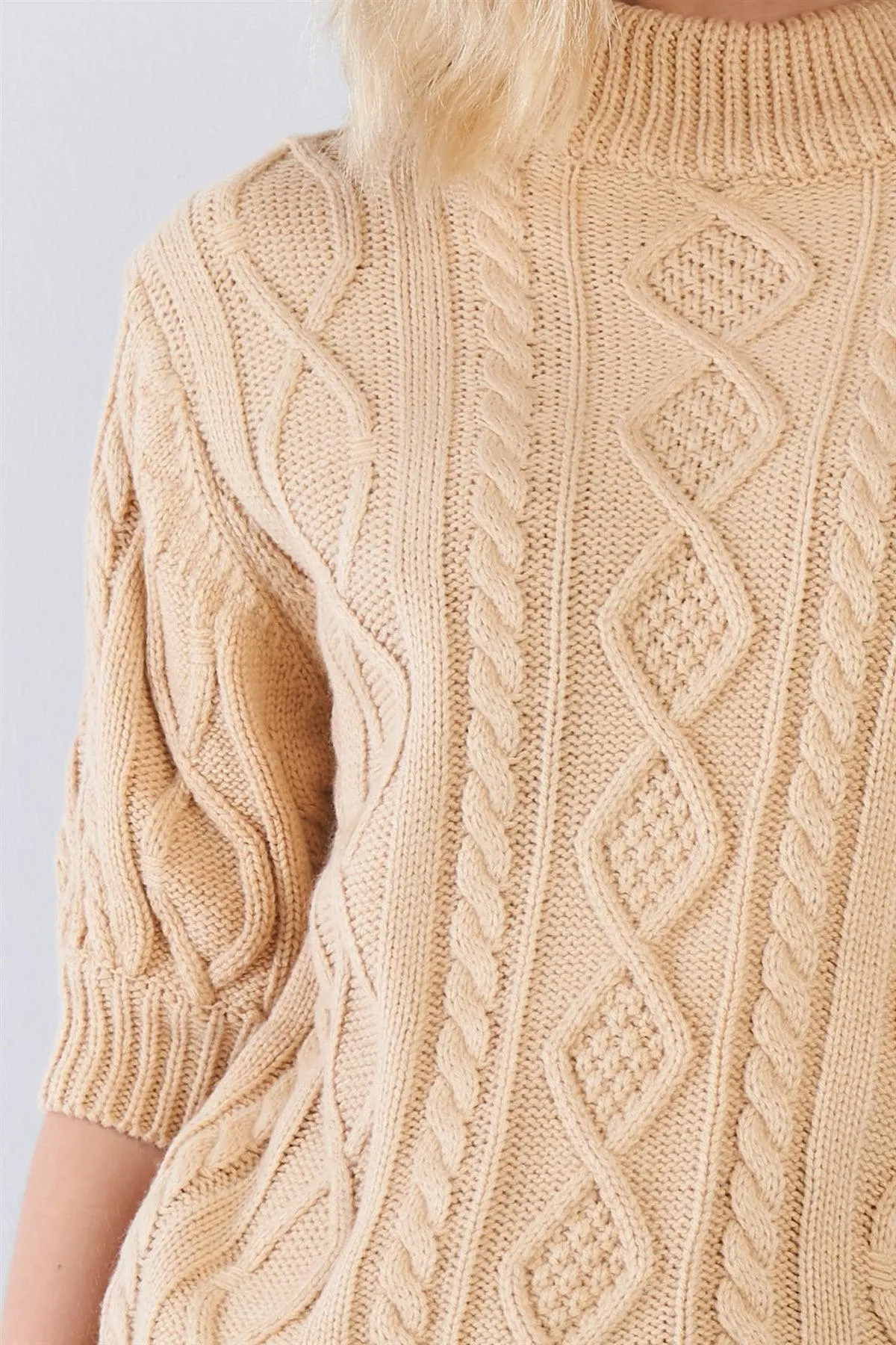 Cable Knit Casual 3/4 Sleeve Mock Neck Chic Sweater