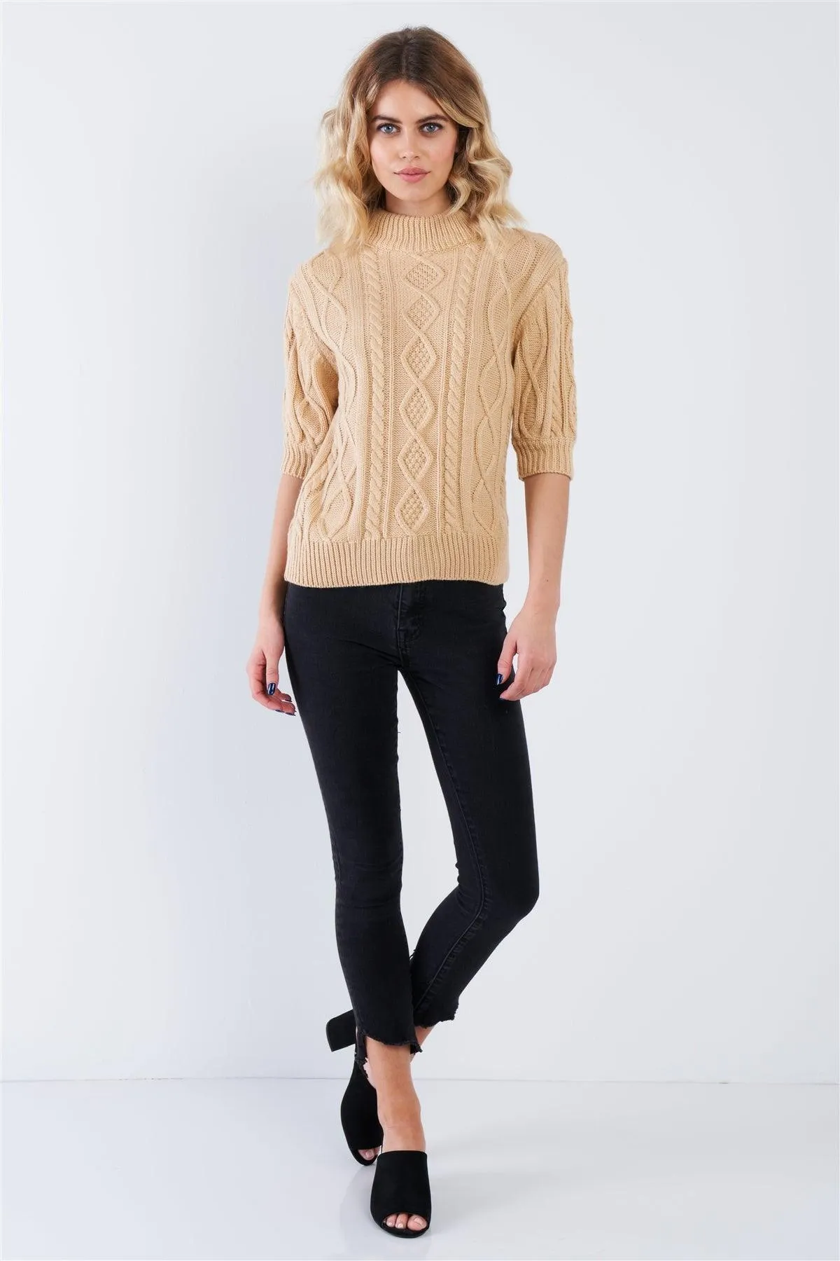 Cable Knit Casual 3/4 Sleeve Mock Neck Chic Sweater