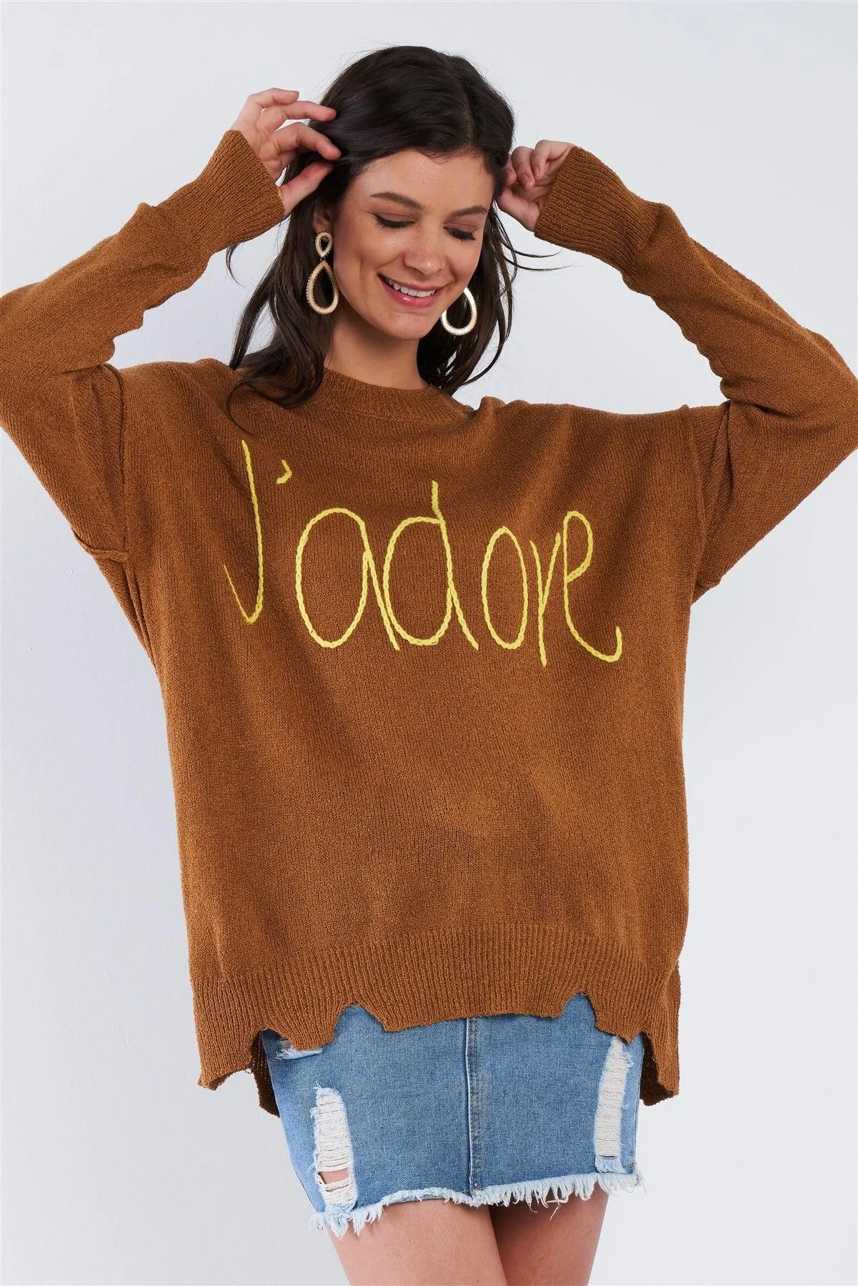 Camel Brown Yellow "J'adore" Script Knit Relaxed Fit Sweater