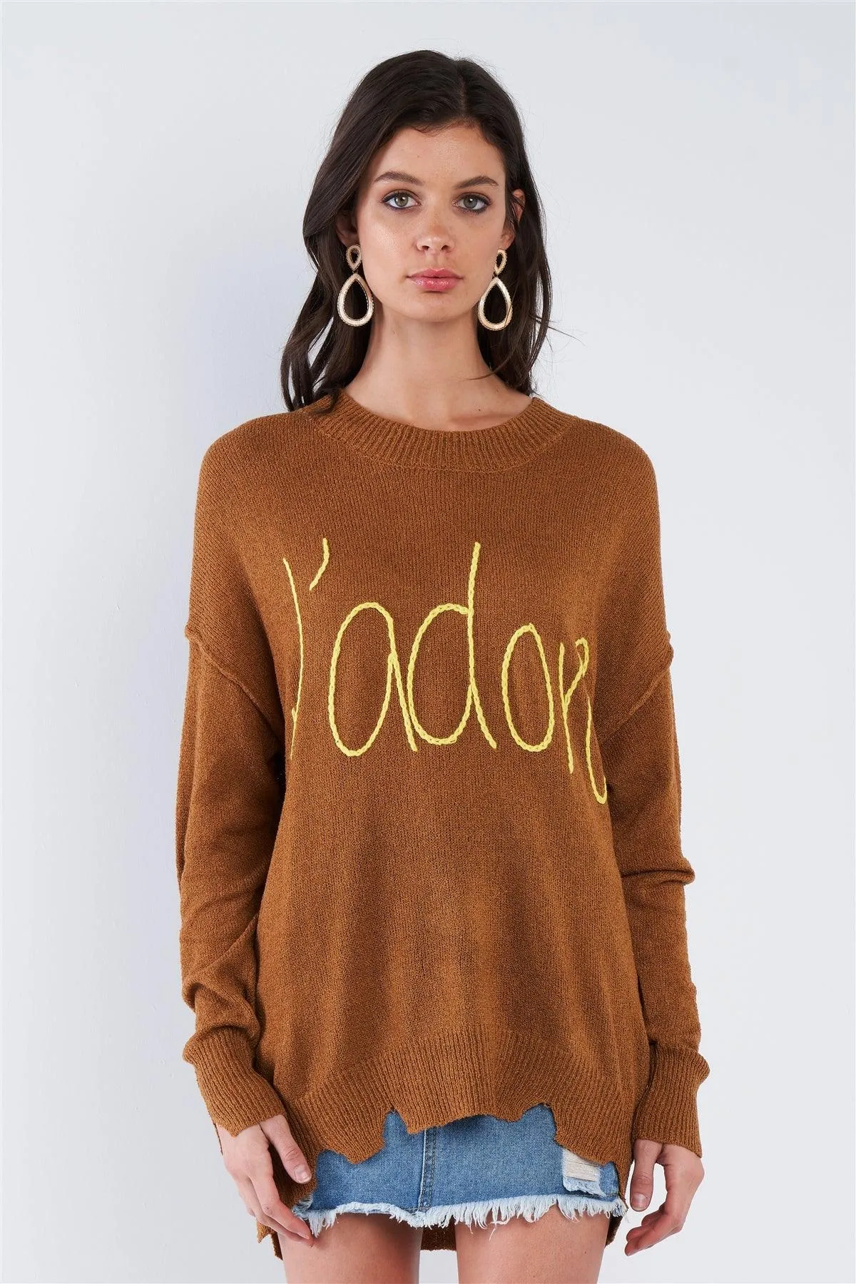 Camel Brown Yellow "J'adore" Script Knit Relaxed Fit Sweater