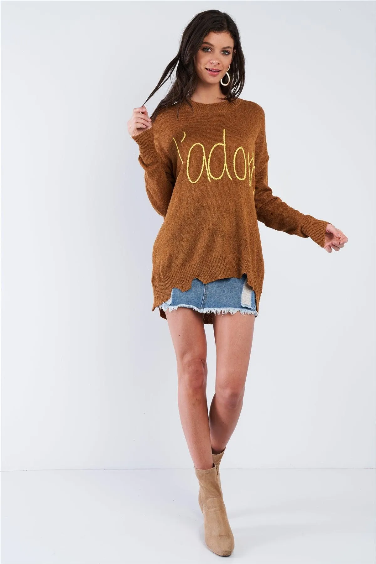 Camel Brown Yellow "J'adore" Script Knit Relaxed Fit Sweater