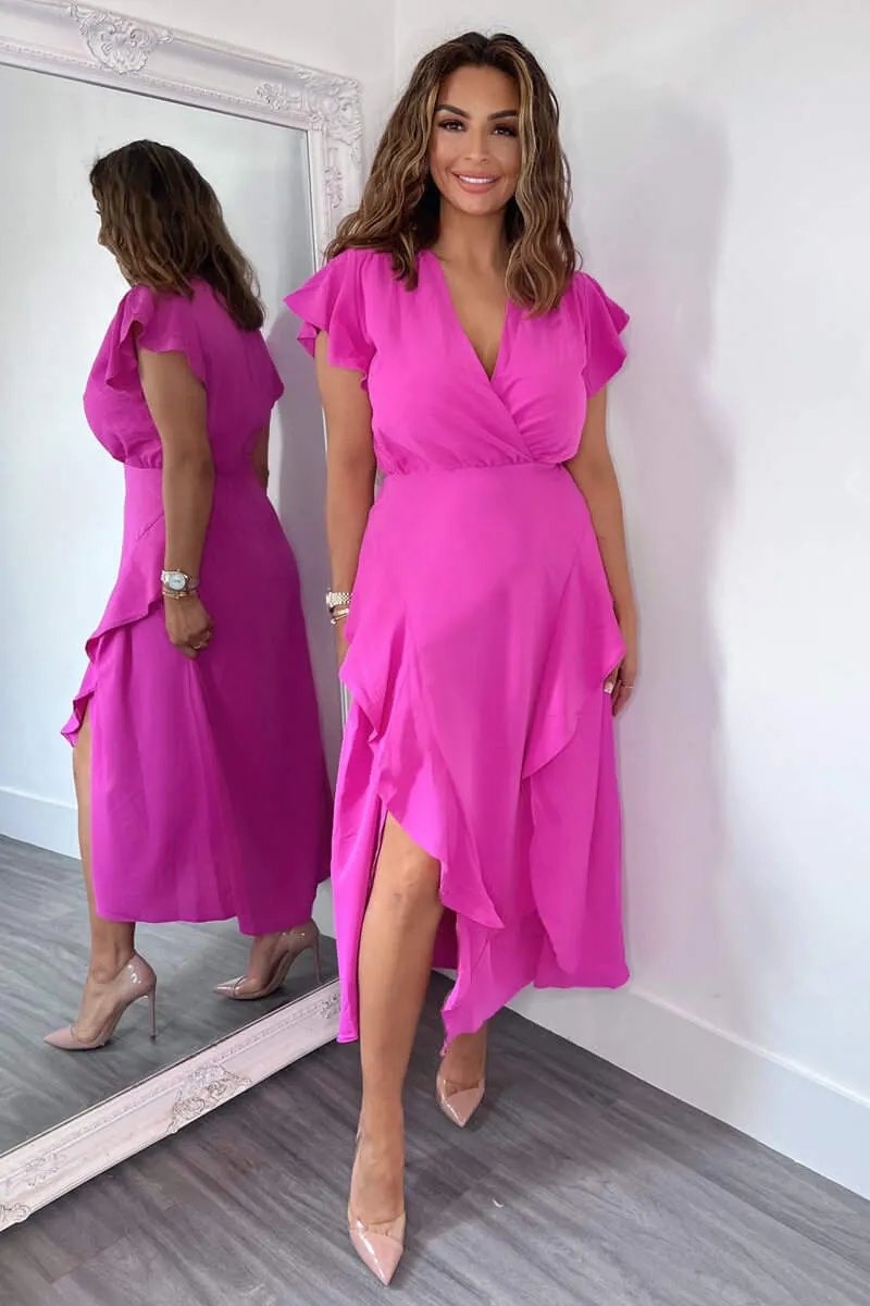 Cerise Frill Detail Double Split Skirt Midi Dress