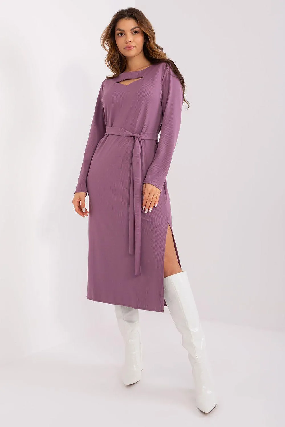 Chic Ribbed Midi Dress with Adjustable Waist Tie