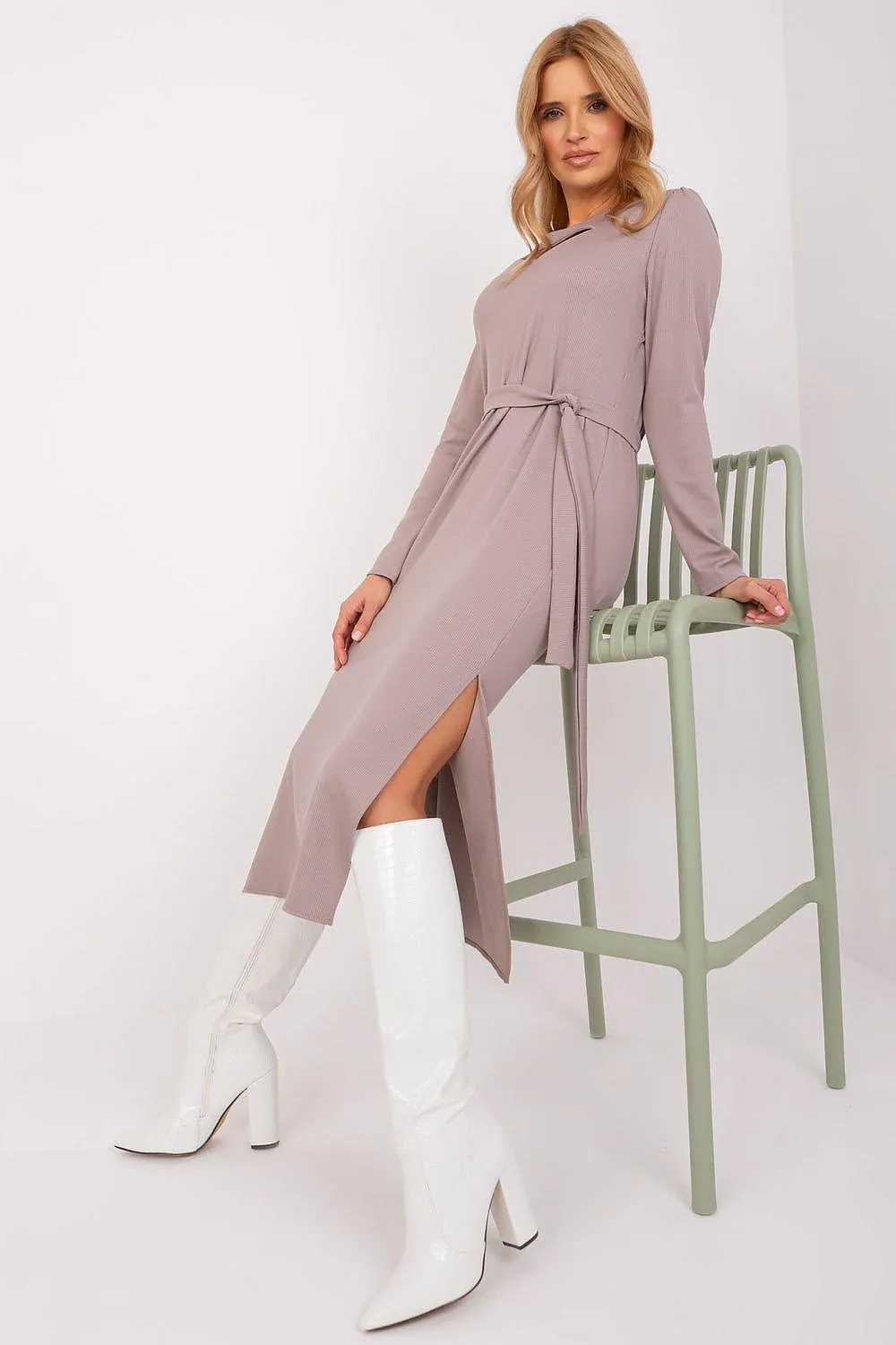 Chic Ribbed Midi Dress with Adjustable Waist Tie